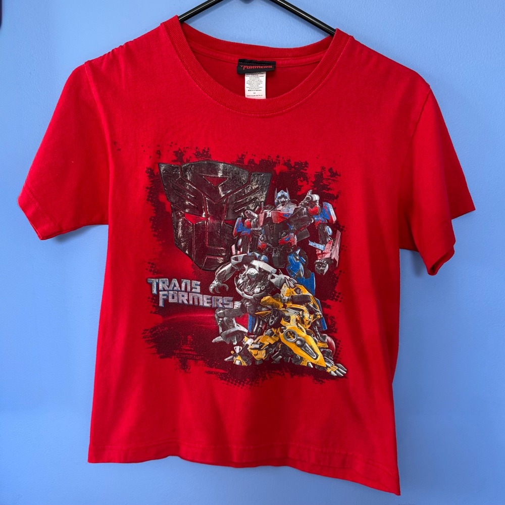 Y2K Transformers 2007 Movie Graphic T-Shirt Mens Red Optimus Prime Bumblebee